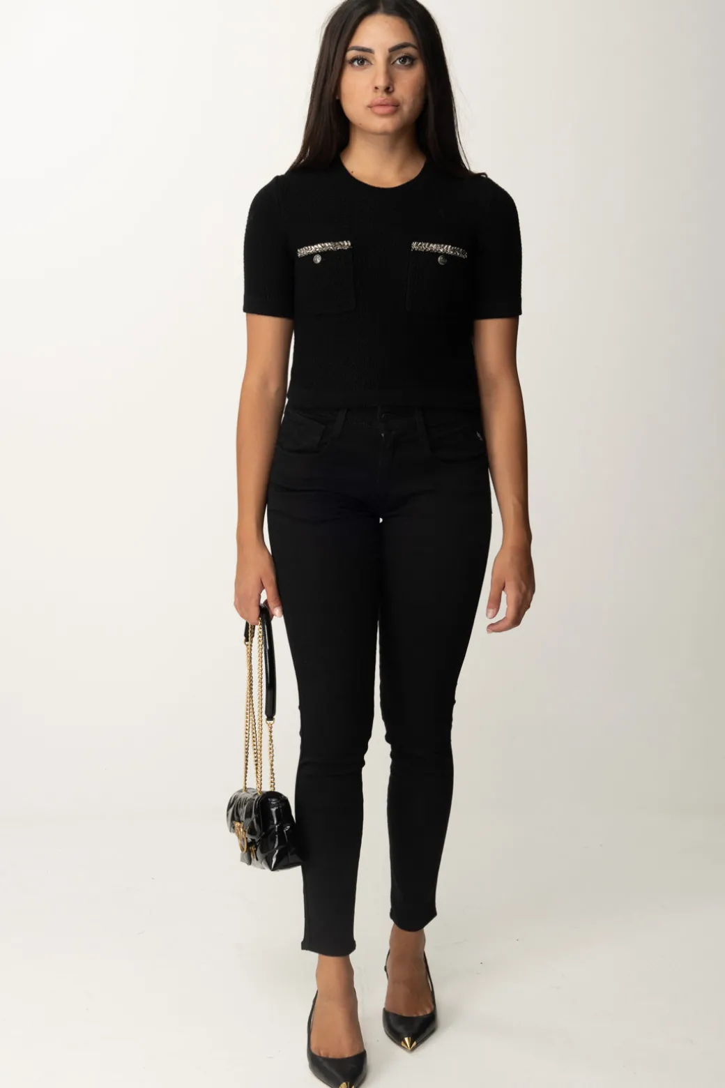 Donna Elisabetta Franchi Maglia Crop a Maniche Corte In Lana Bouclé