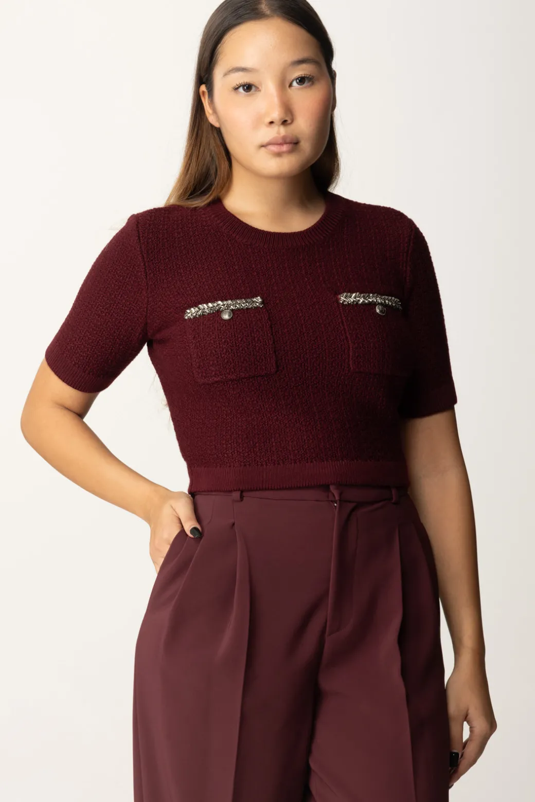 Donna Elisabetta Franchi Maglia Crop a Maniche Corte In Lana Bouclé