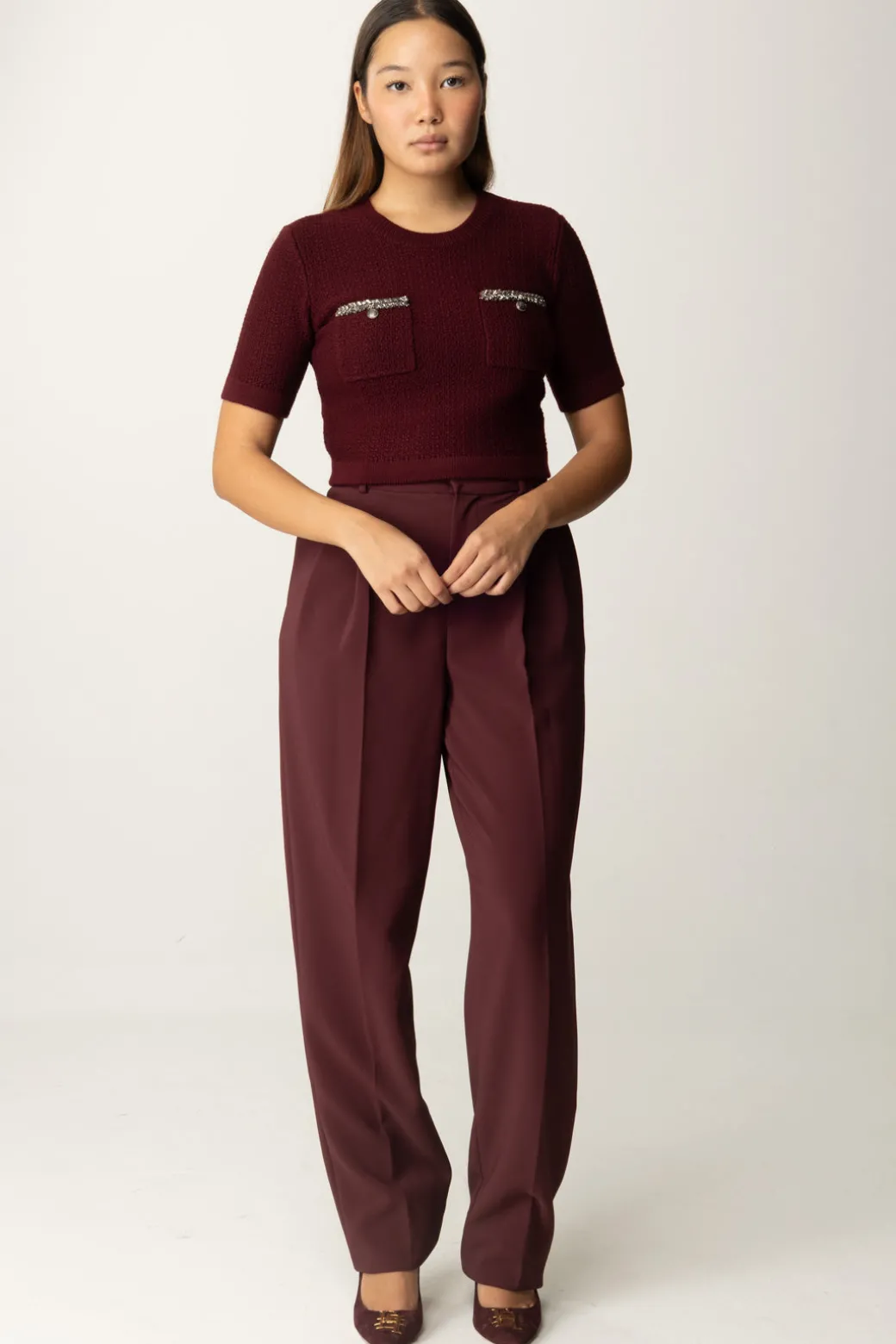 Donna Elisabetta Franchi Maglia Crop a Maniche Corte In Lana Bouclé
