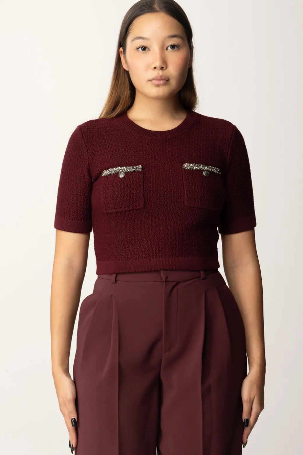 Donna Elisabetta Franchi Maglia Crop a Maniche Corte In Lana Bouclé