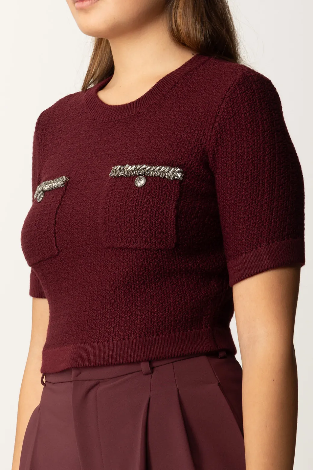 Donna Elisabetta Franchi Maglia Crop a Maniche Corte In Lana Bouclé