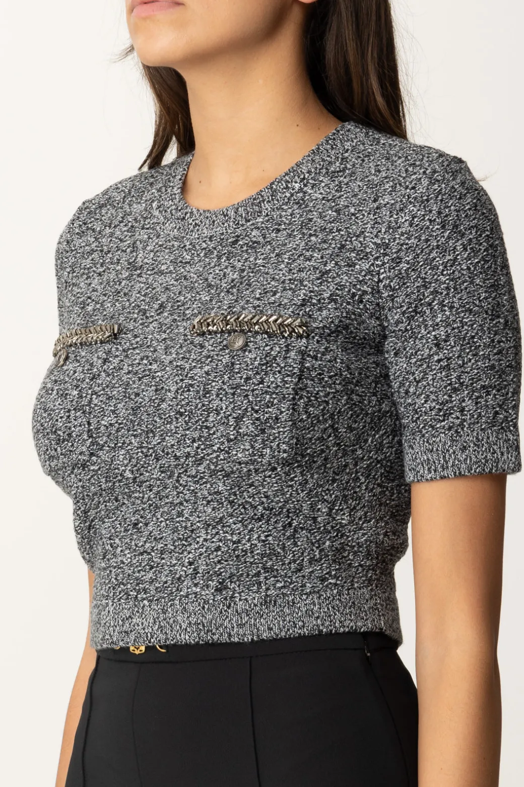 Donna Elisabetta Franchi Maglia Crop a Maniche Corte In Lana Bouclé