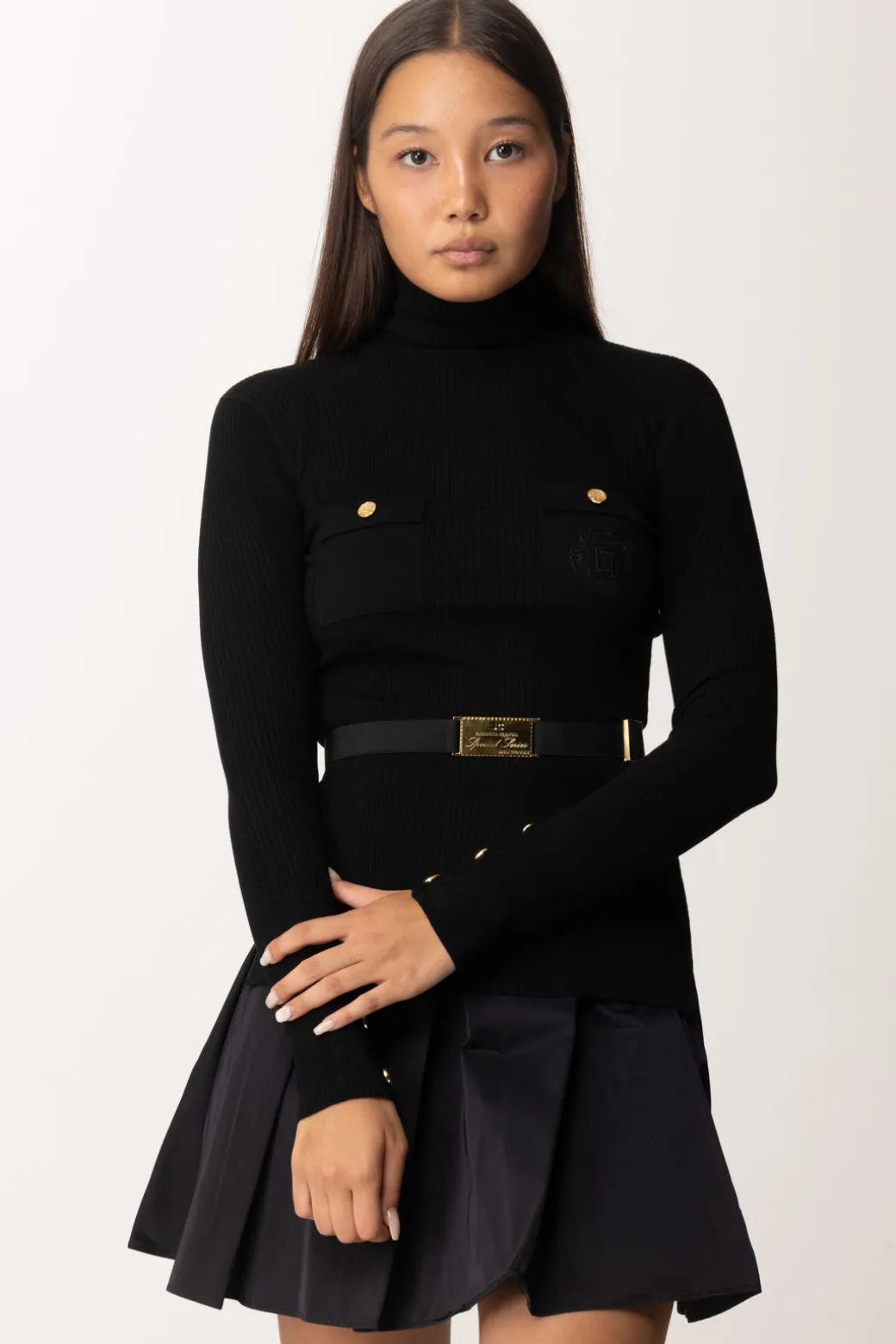 Donna Elisabetta Franchi Maglia Dolcevita a Costine con Ricamo Logo