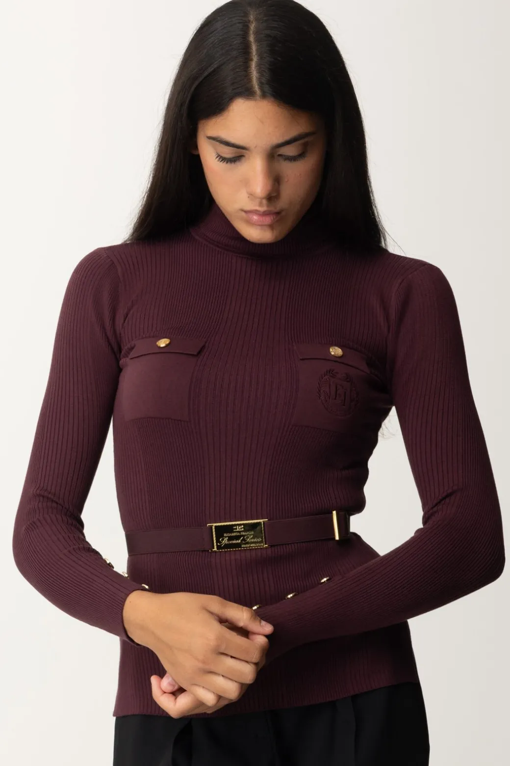 Donna Elisabetta Franchi Maglia Dolcevita a Costine con Ricamo Logo