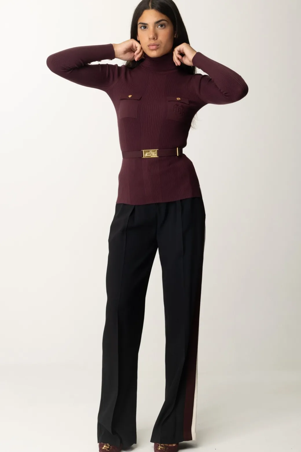 Donna Elisabetta Franchi Maglia Dolcevita a Costine con Ricamo Logo