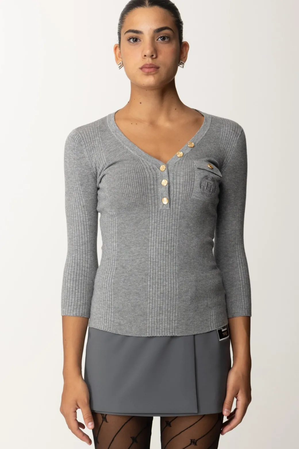 Donna Elisabetta Franchi Maglia Scollo a V con Ricamo Logo