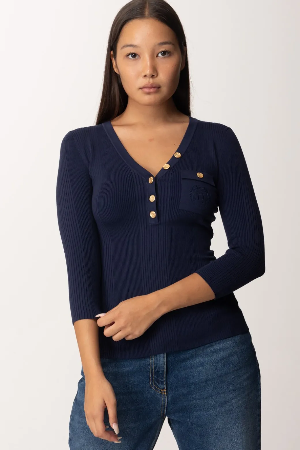 Donna Elisabetta Franchi Maglia Scollo a V con Ricamo Logo