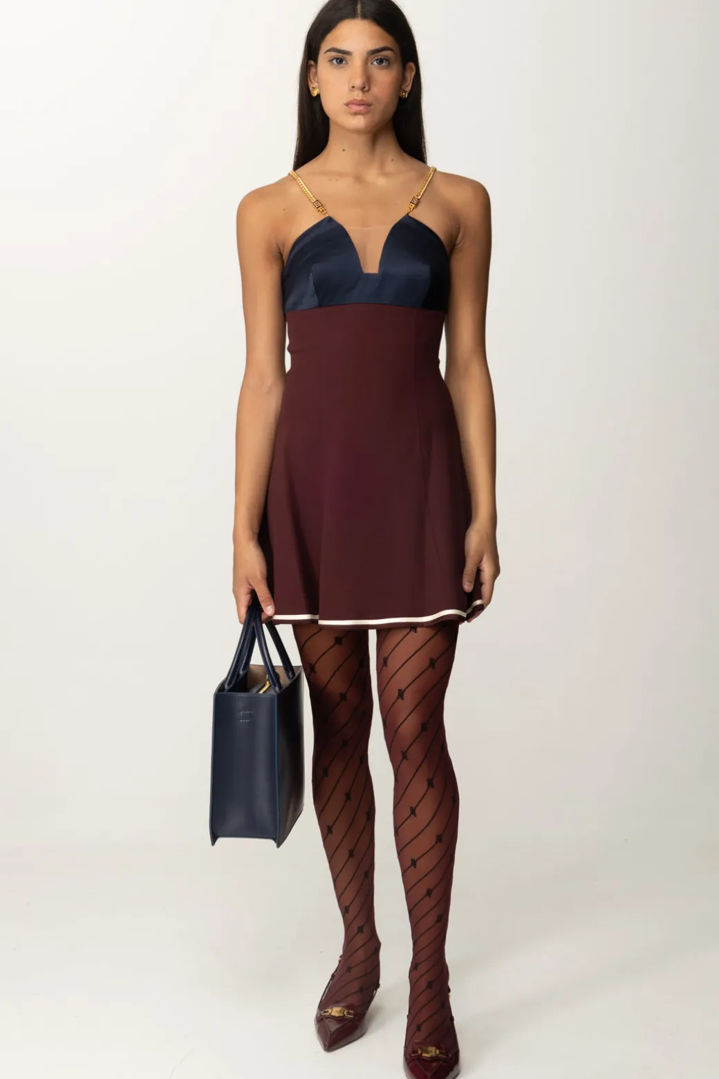 Donna Elisabetta Franchi Mini Abito Bicolor con Spalline Catena