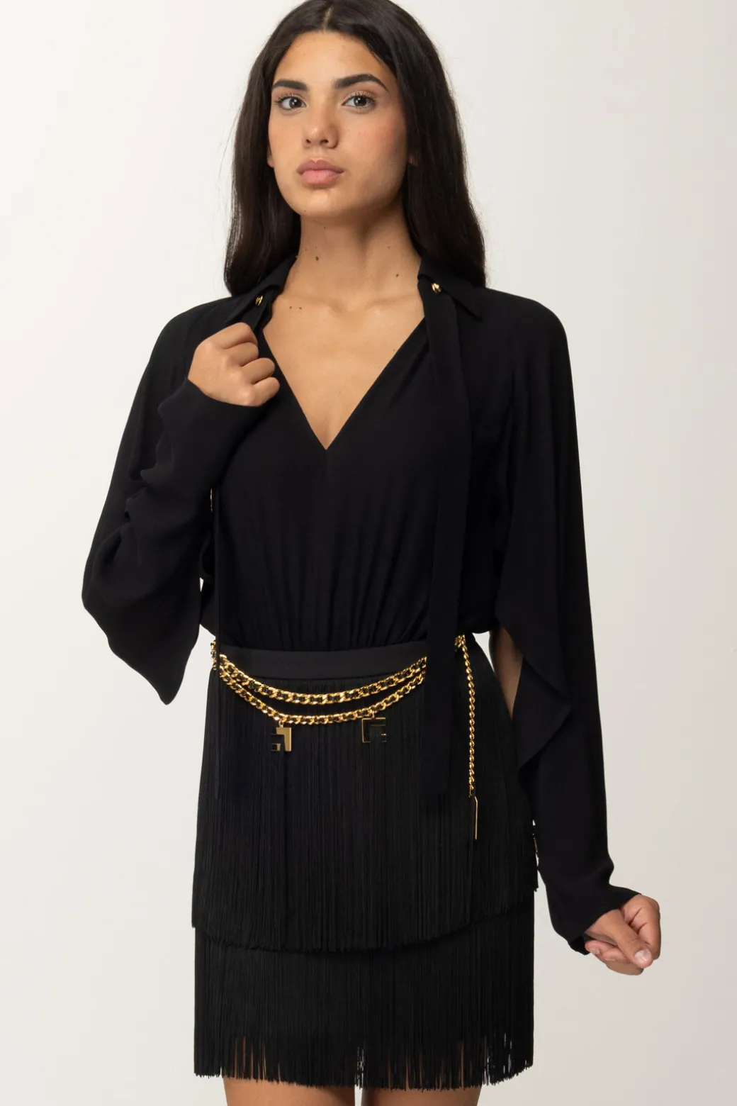 Donna Elisabetta Franchi Mini Abito con Frange e Cintura con Charms