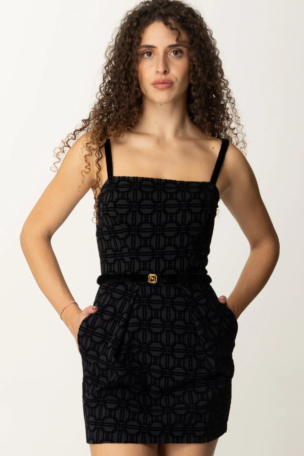 Donna Elisabetta Franchi Mini Abito con Stampa Flock e Cintura