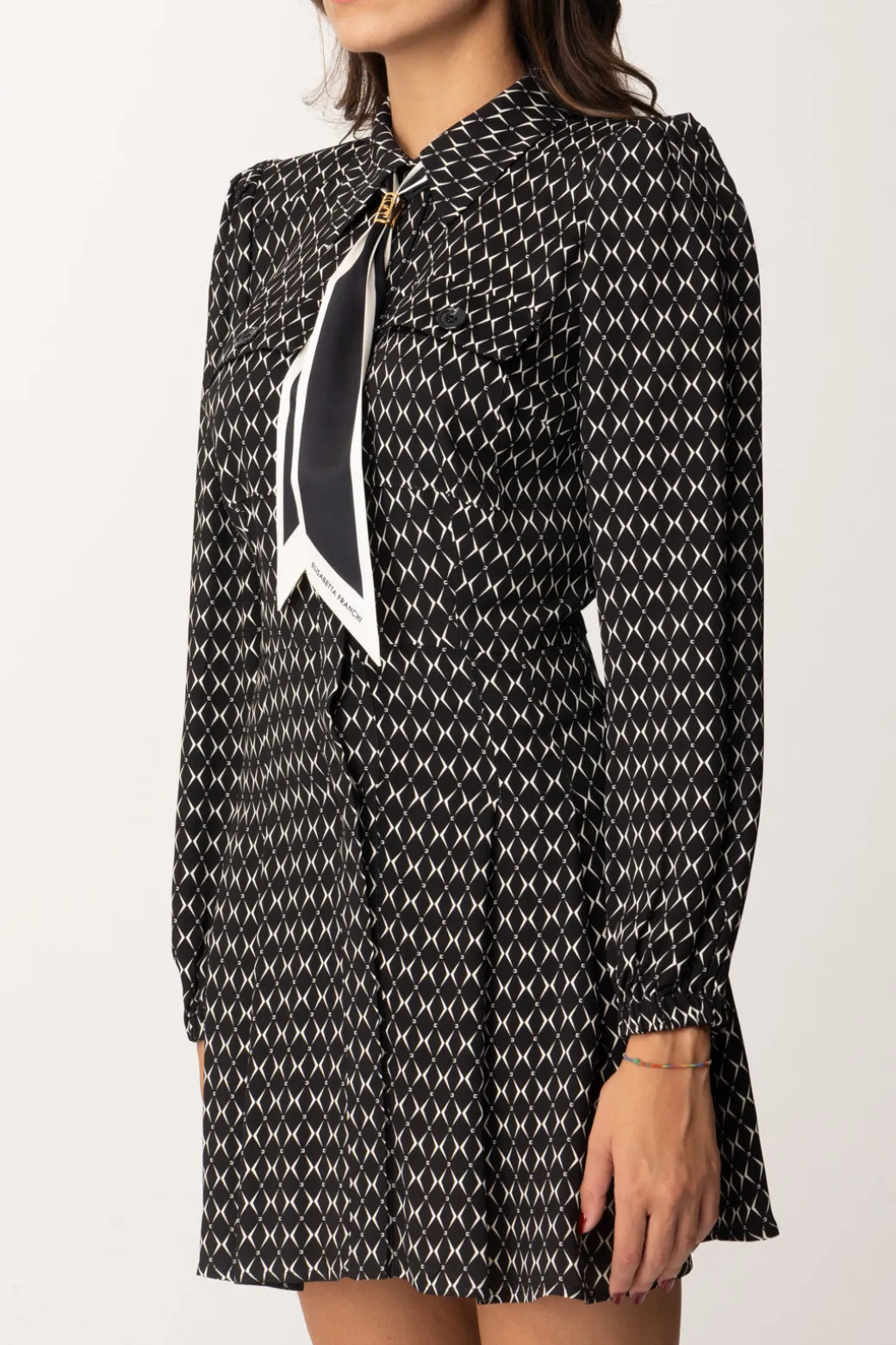 Donna Elisabetta Franchi Mini Abito In Georgette con Foulard e Stampa Rombi