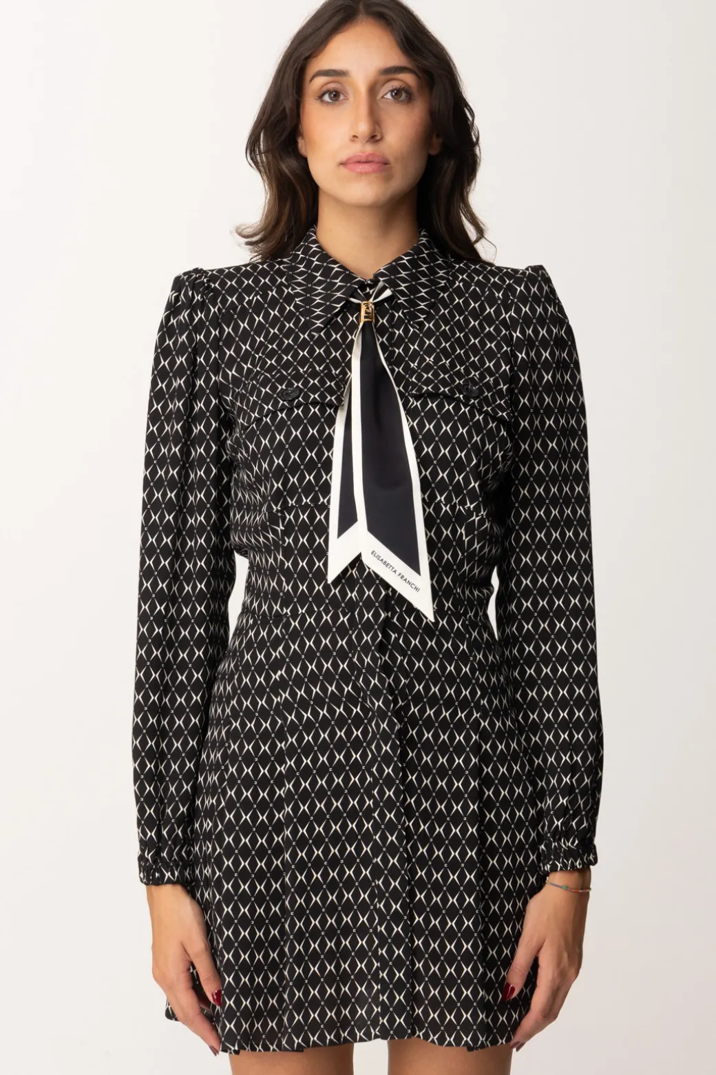 Donna Elisabetta Franchi Mini Abito In Georgette con Foulard e Stampa Rombi