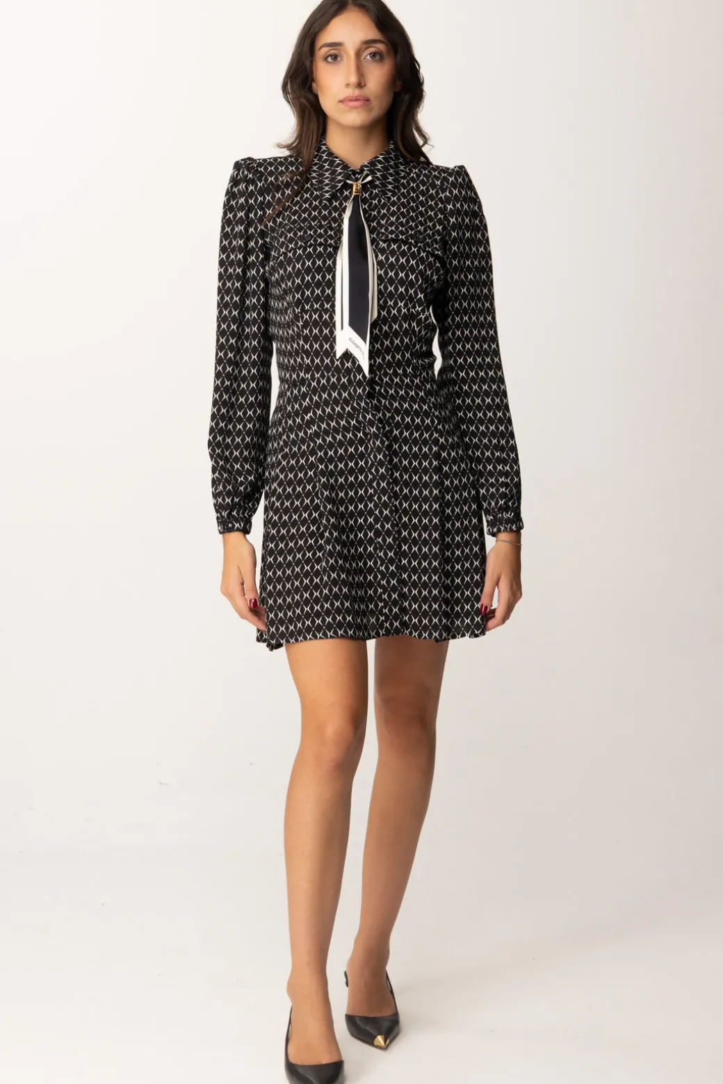 Donna Elisabetta Franchi Mini Abito In Georgette con Foulard e Stampa Rombi