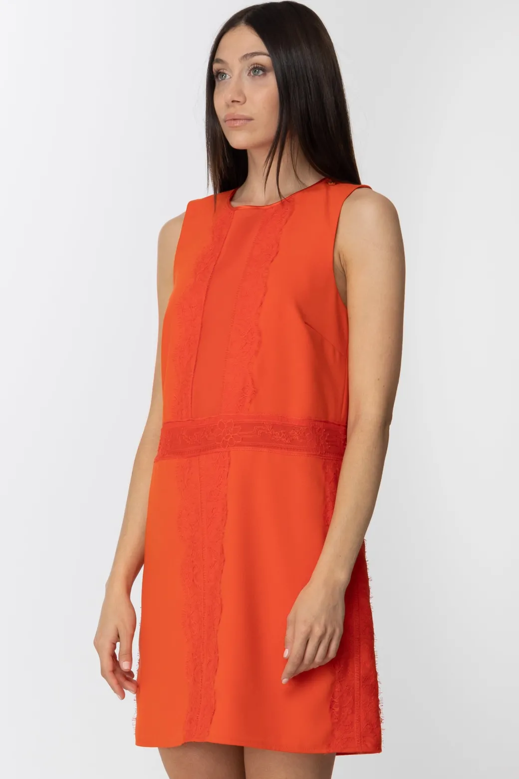 Donna Elisabetta Franchi Mini Abito Smanicato con Trasparenze e Pizzo