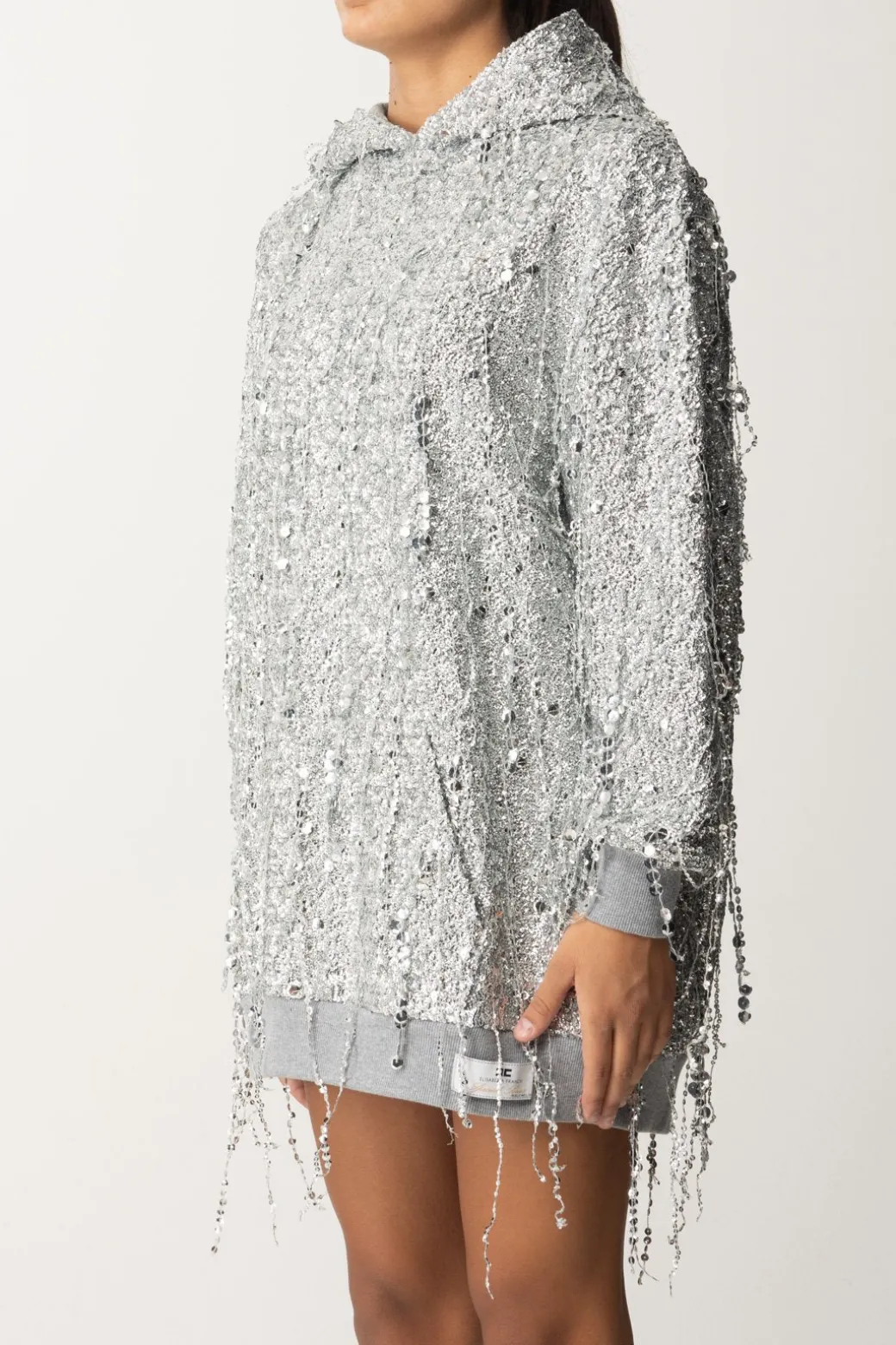 Donna Elisabetta Franchi Miniabito In Felpa con Cappuccio e Frange Di Paillettes