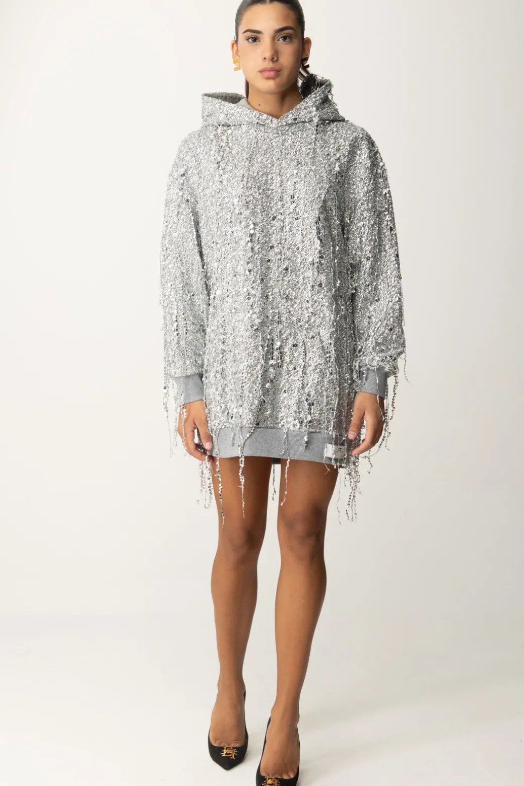 Donna Elisabetta Franchi Miniabito In Felpa con Cappuccio e Frange Di Paillettes