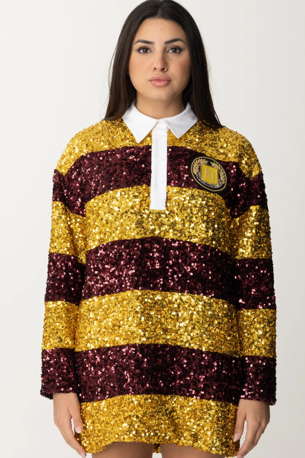 Donna Elisabetta Franchi Miniabito In Paillettes a Righe con Colletto a Camicia