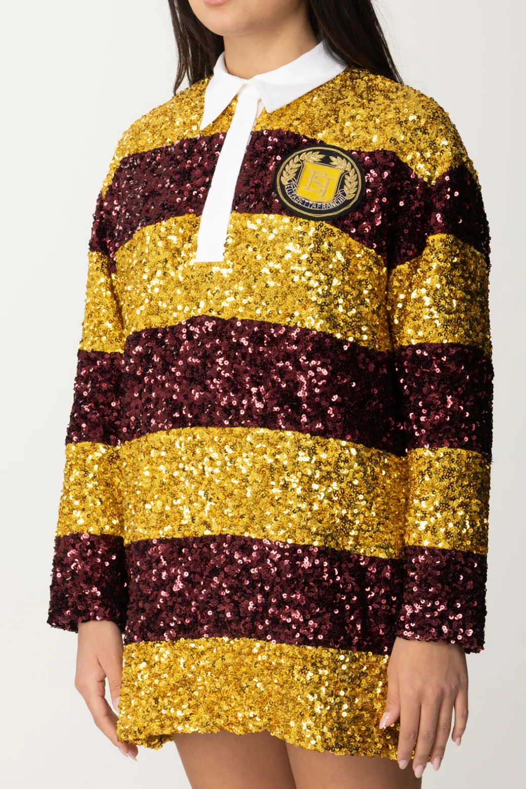 Donna Elisabetta Franchi Miniabito In Paillettes a Righe con Colletto a Camicia