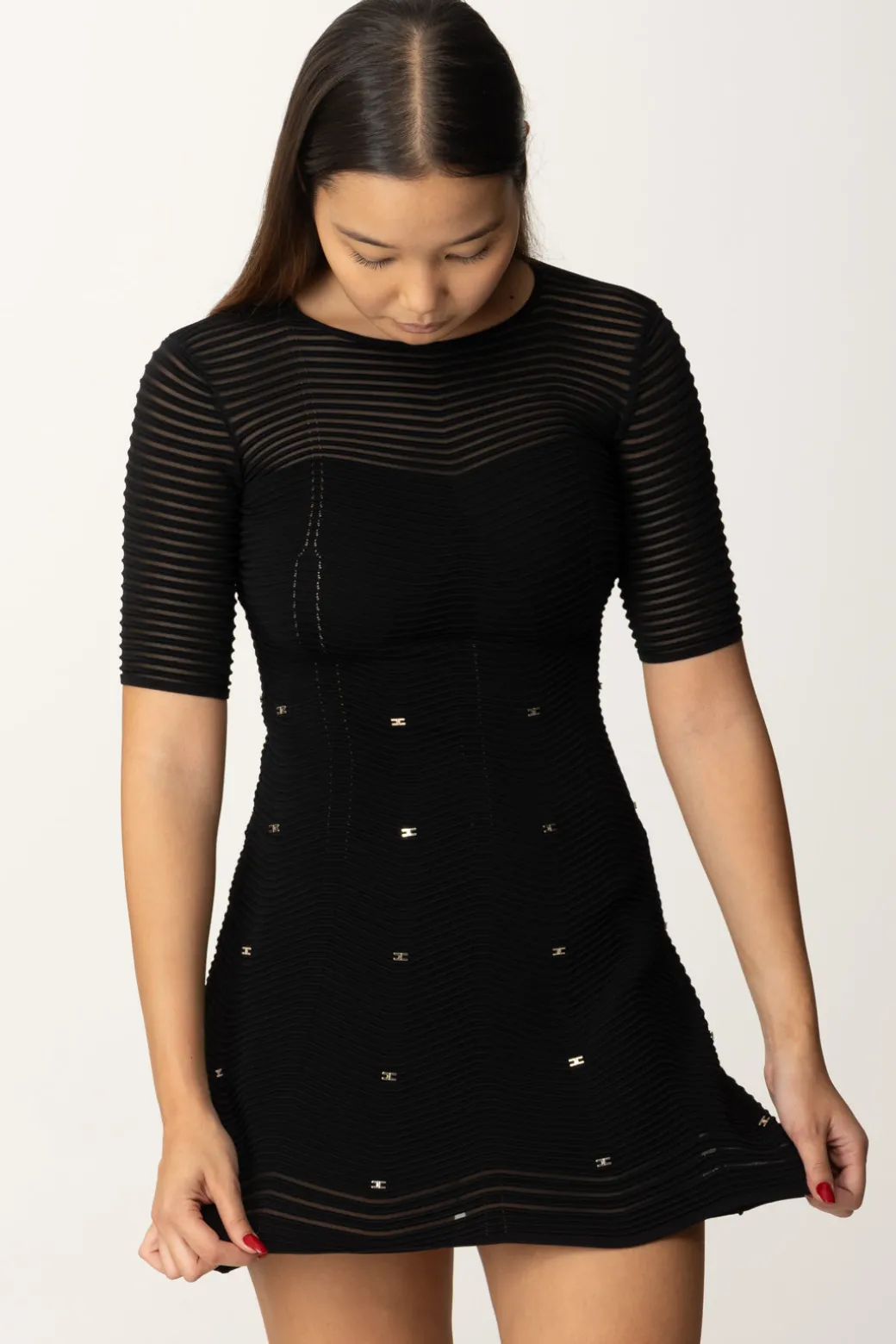 Donna Elisabetta Franchi Miniabito In Viscosa Motivo Chevron con Borchie