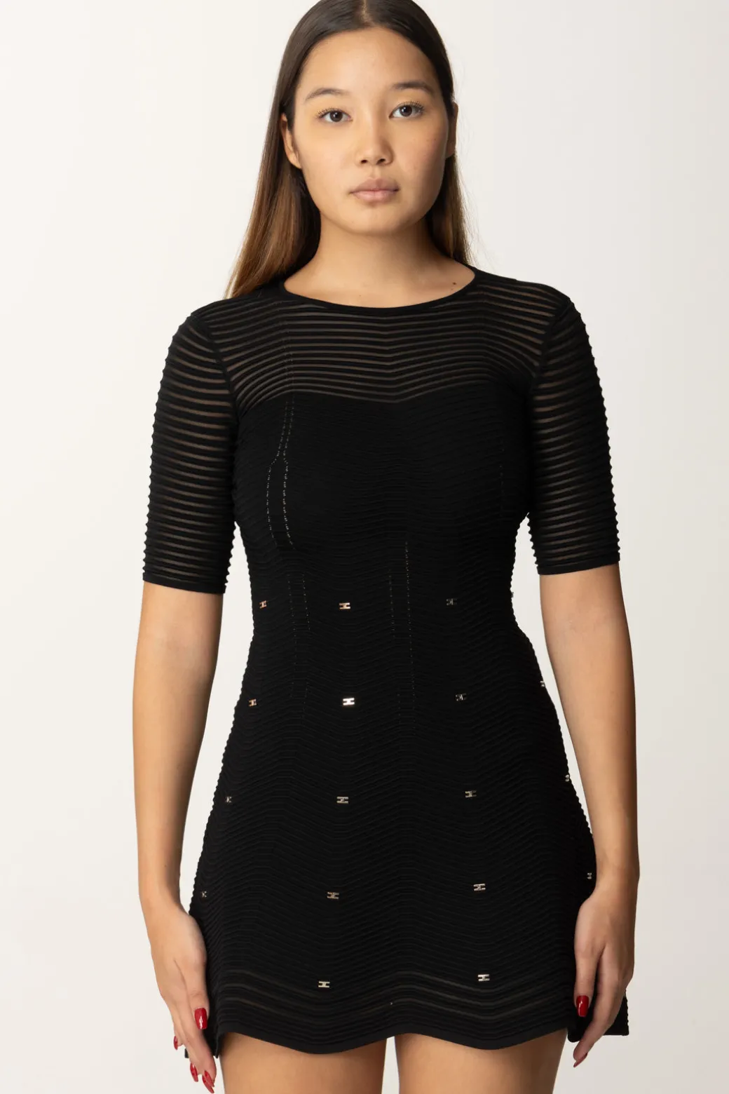 Donna Elisabetta Franchi Miniabito In Viscosa Motivo Chevron con Borchie