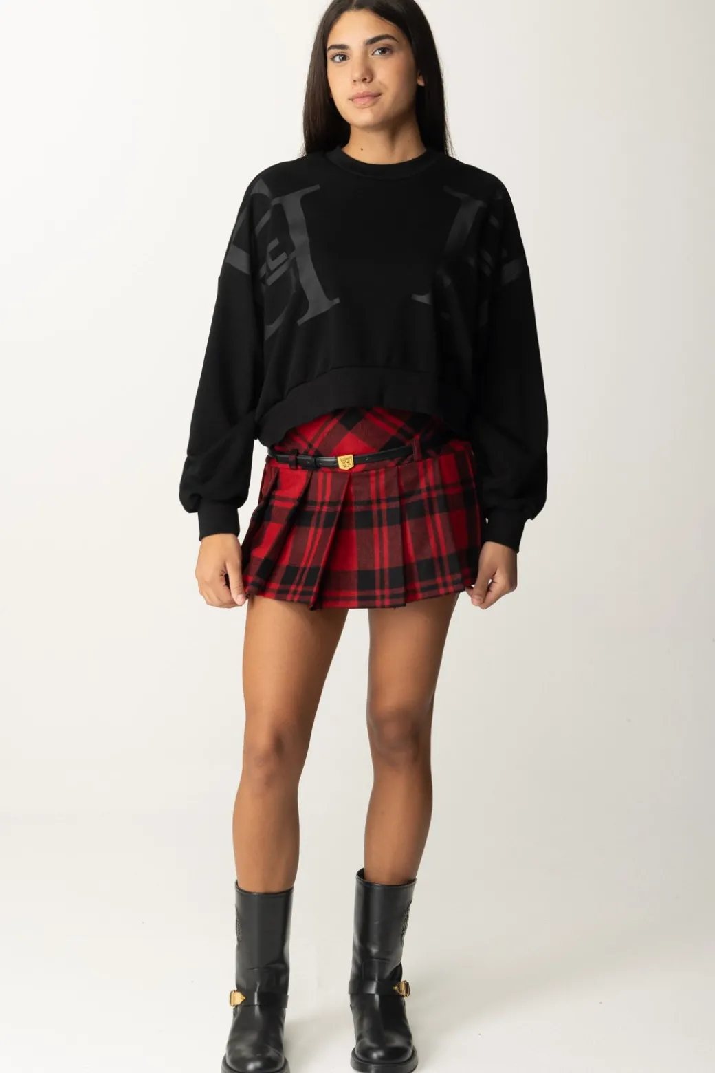 Donna Elisabetta Franchi Minigonna a Pieghe Tartan con Cintura