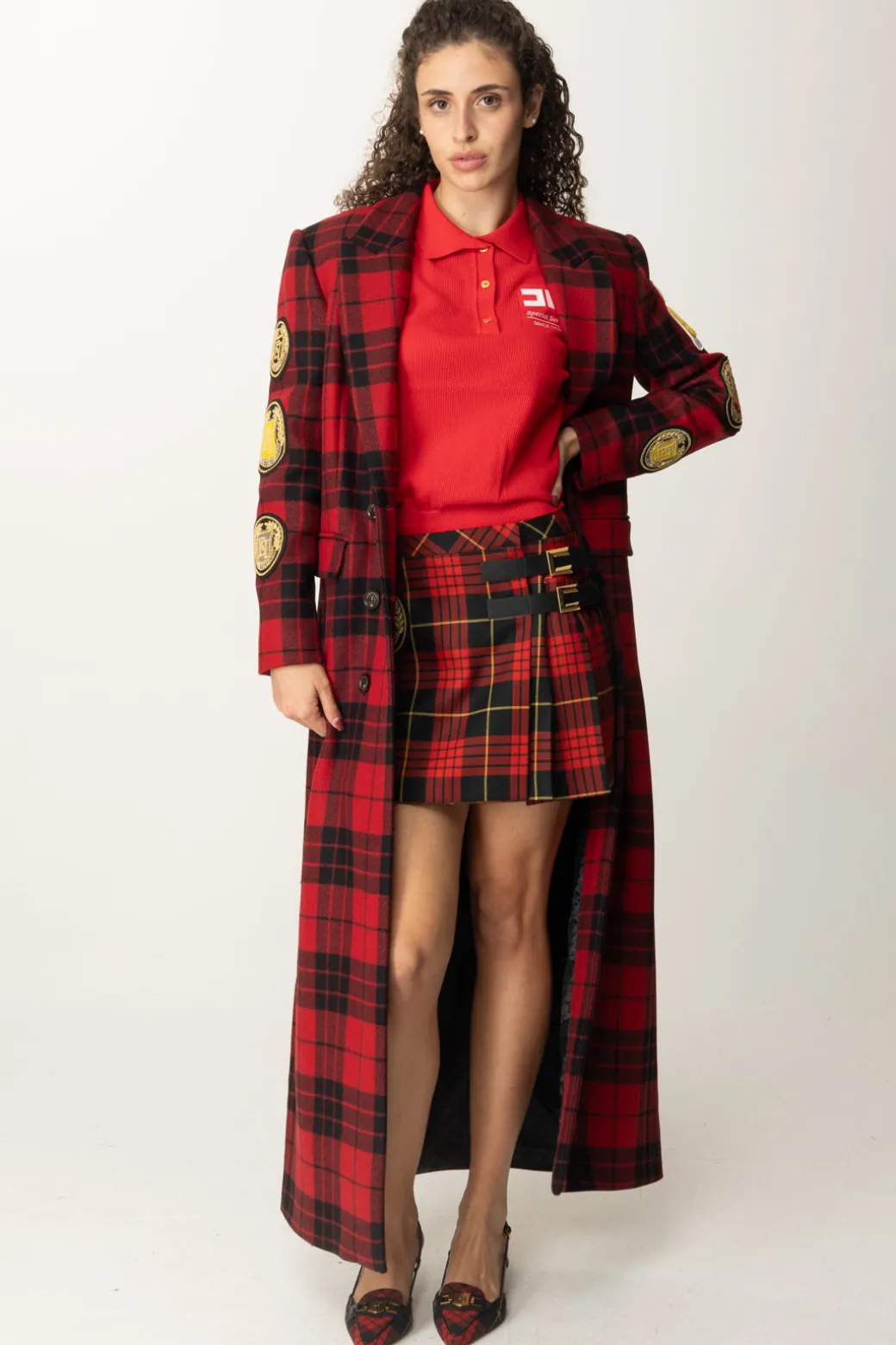 Donna Elisabetta Franchi Minigonna a Pieghe Tartan con Patch