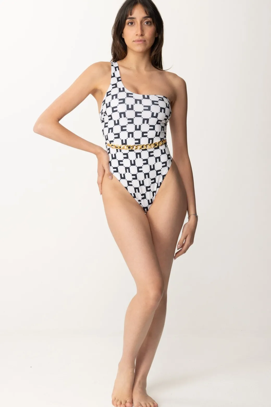 Donna Elisabetta Franchi Monokini Stampa Logo e Catena