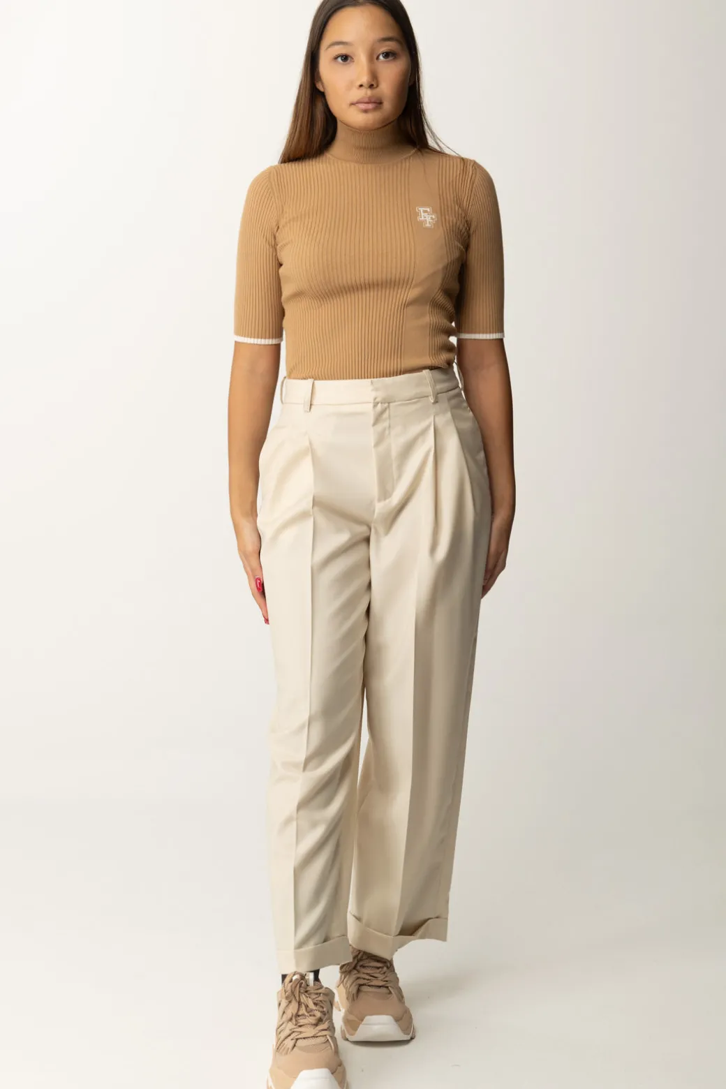 Donna Elisabetta Franchi Pantaloni In Fresco Lana con Pinces e Risvolti