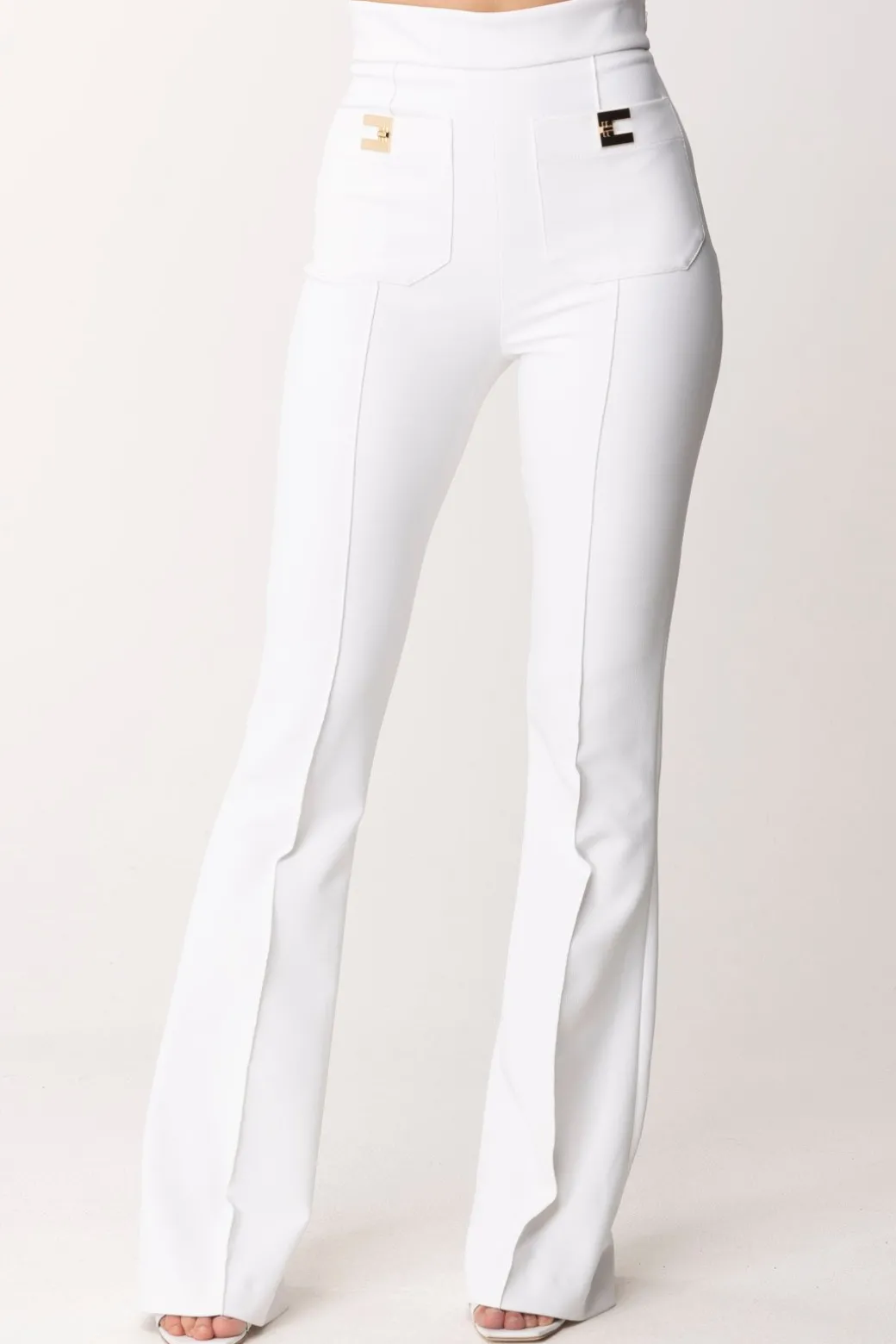 Donna Elisabetta Franchi Pantaloni Palazzo con Placche Logate