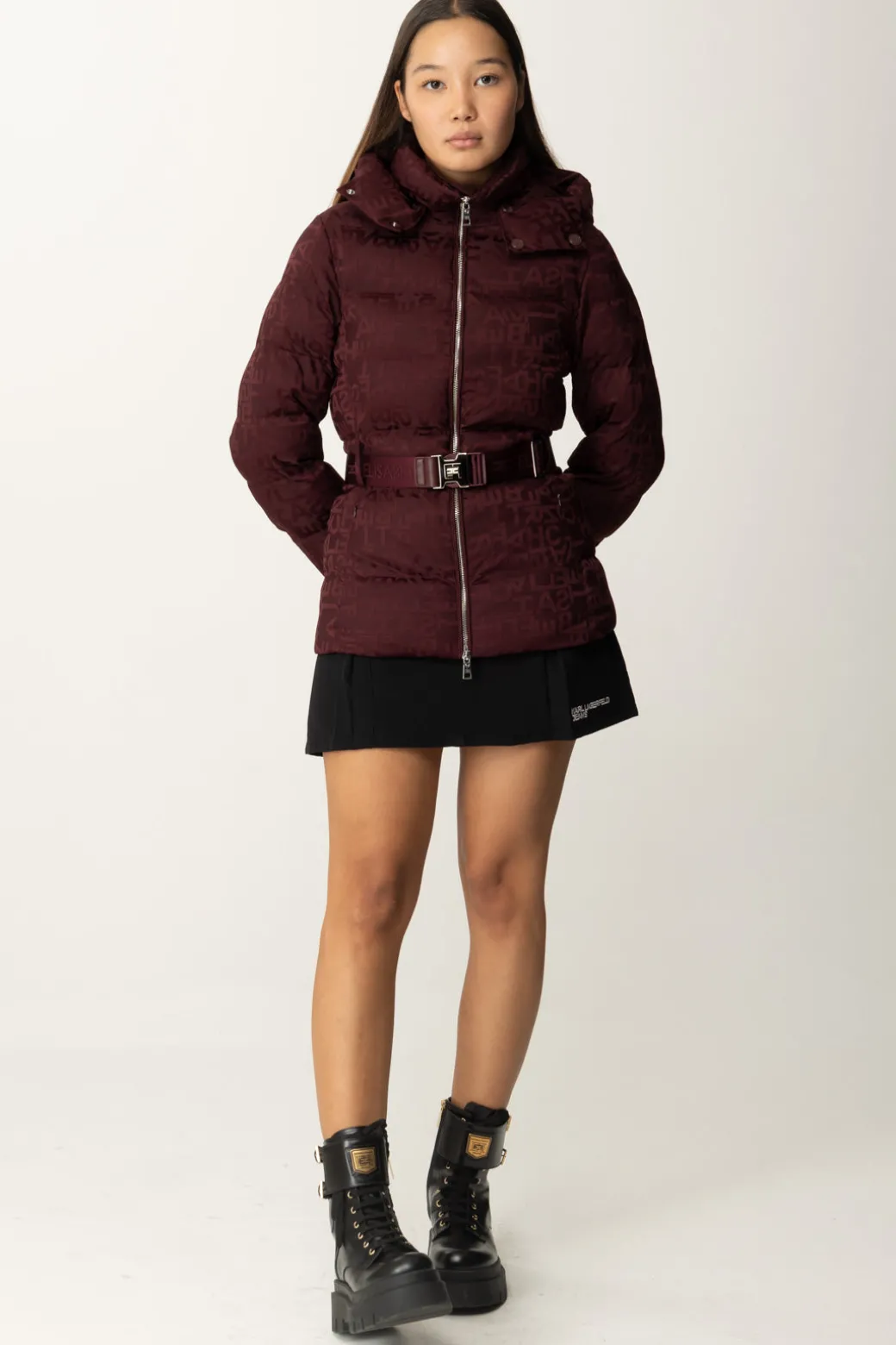 Donna Elisabetta Franchi Piumino In Nylon Jacquard con Cintura