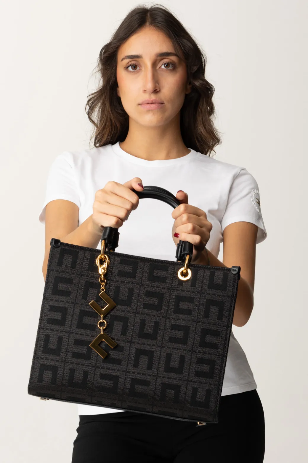 Donna Elisabetta Franchi Shopper Grande In Tessuto Jacquard con Charms