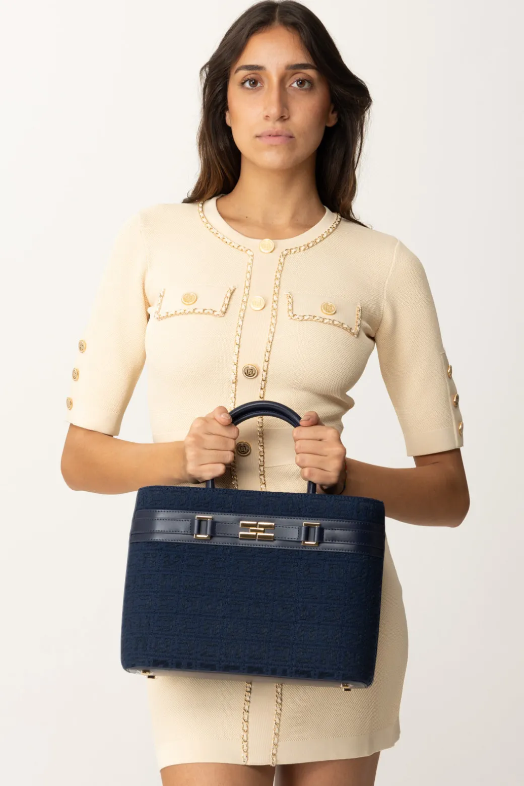 Donna Elisabetta Franchi Shopper Grande In Tessuto Jacquard con Morsetto