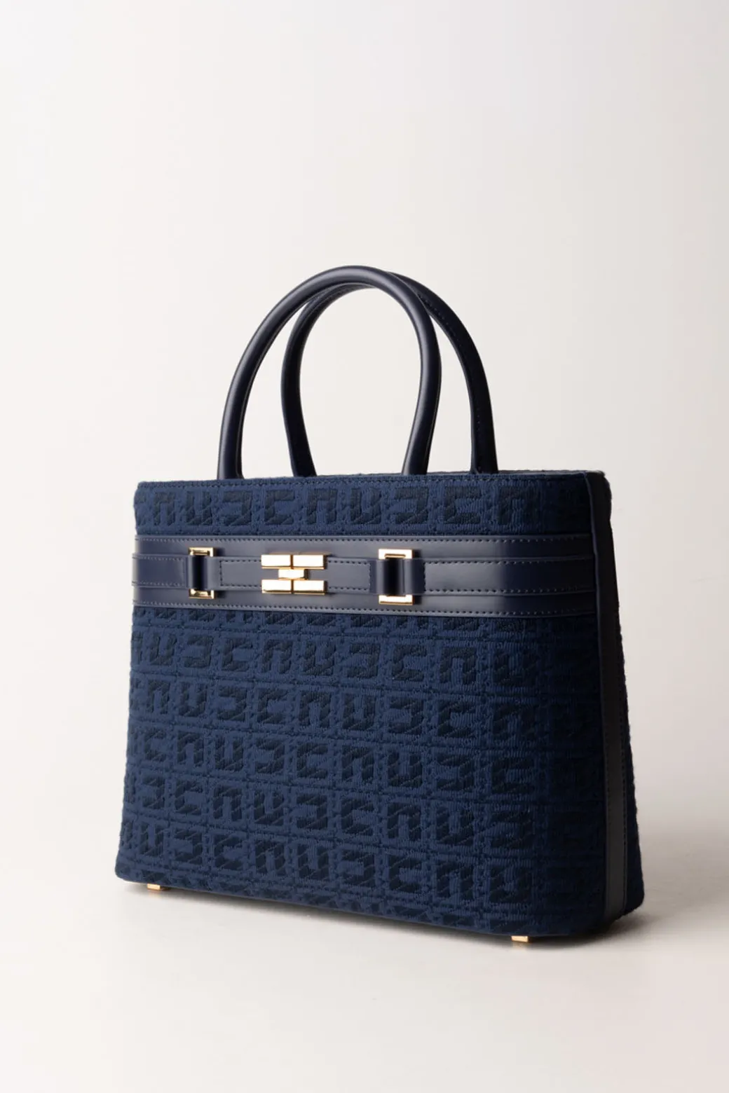 Donna Elisabetta Franchi Shopper Grande In Tessuto Jacquard con Morsetto