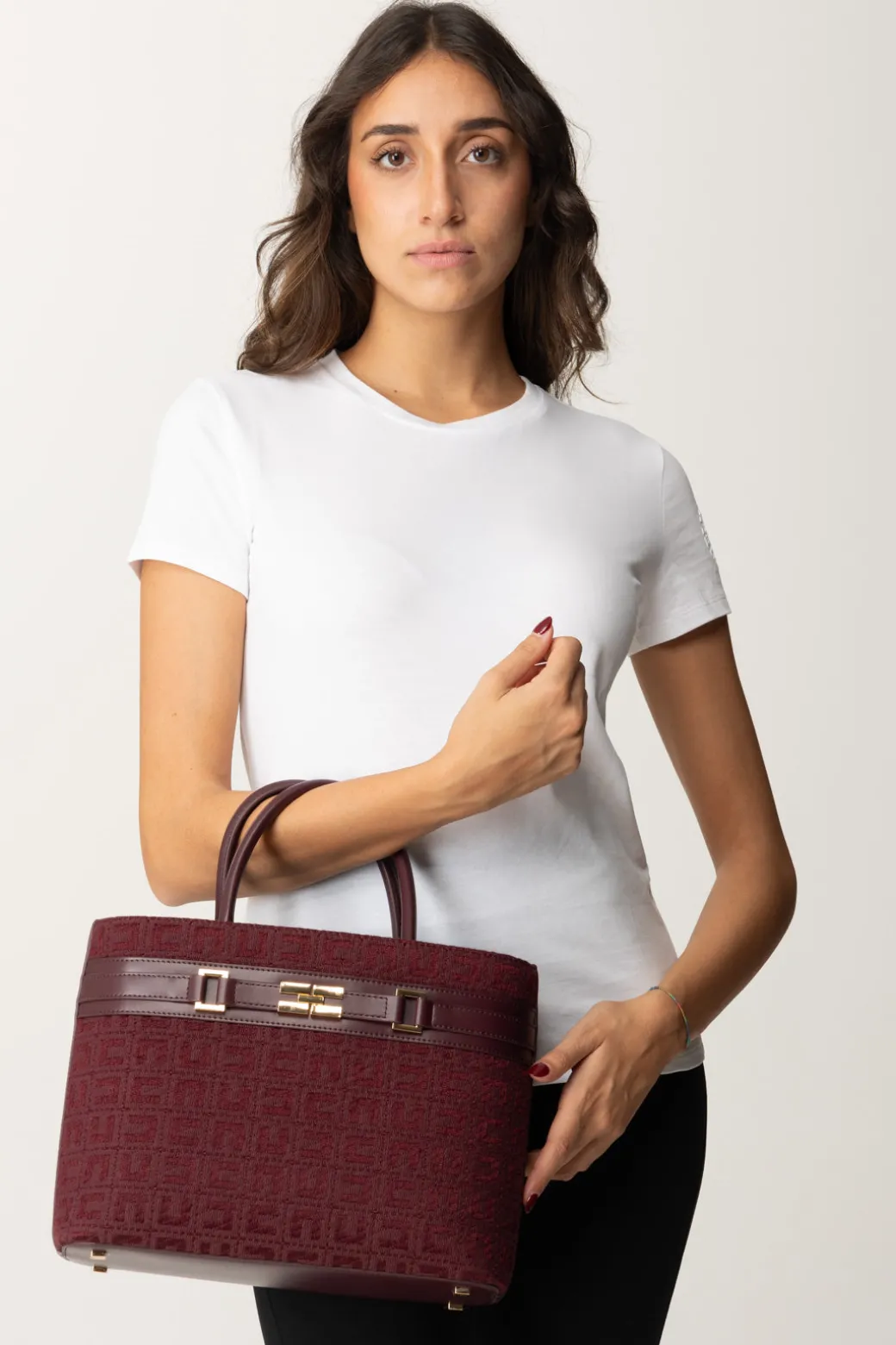 Donna Elisabetta Franchi Shopper Grande In Tessuto Jacquard con Morsetto