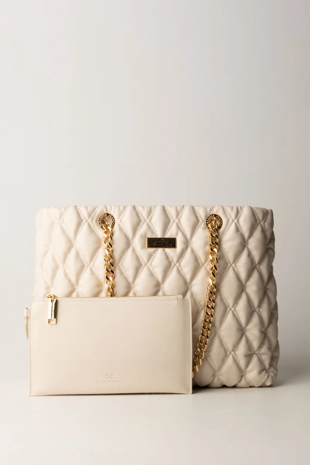 Donna Elisabetta Franchi Shopper In Tessuto Embossed con Manici In Catena