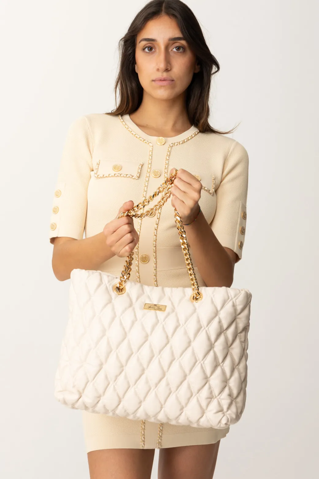 Donna Elisabetta Franchi Shopper In Tessuto Embossed con Manici In Catena