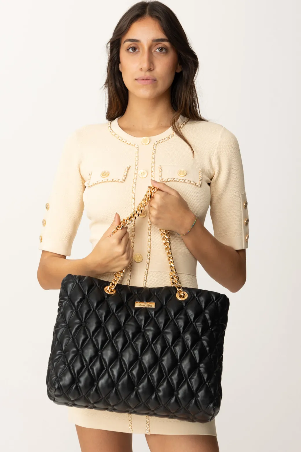 Donna Elisabetta Franchi Shopper In Tessuto Embossed con Manici In Catena