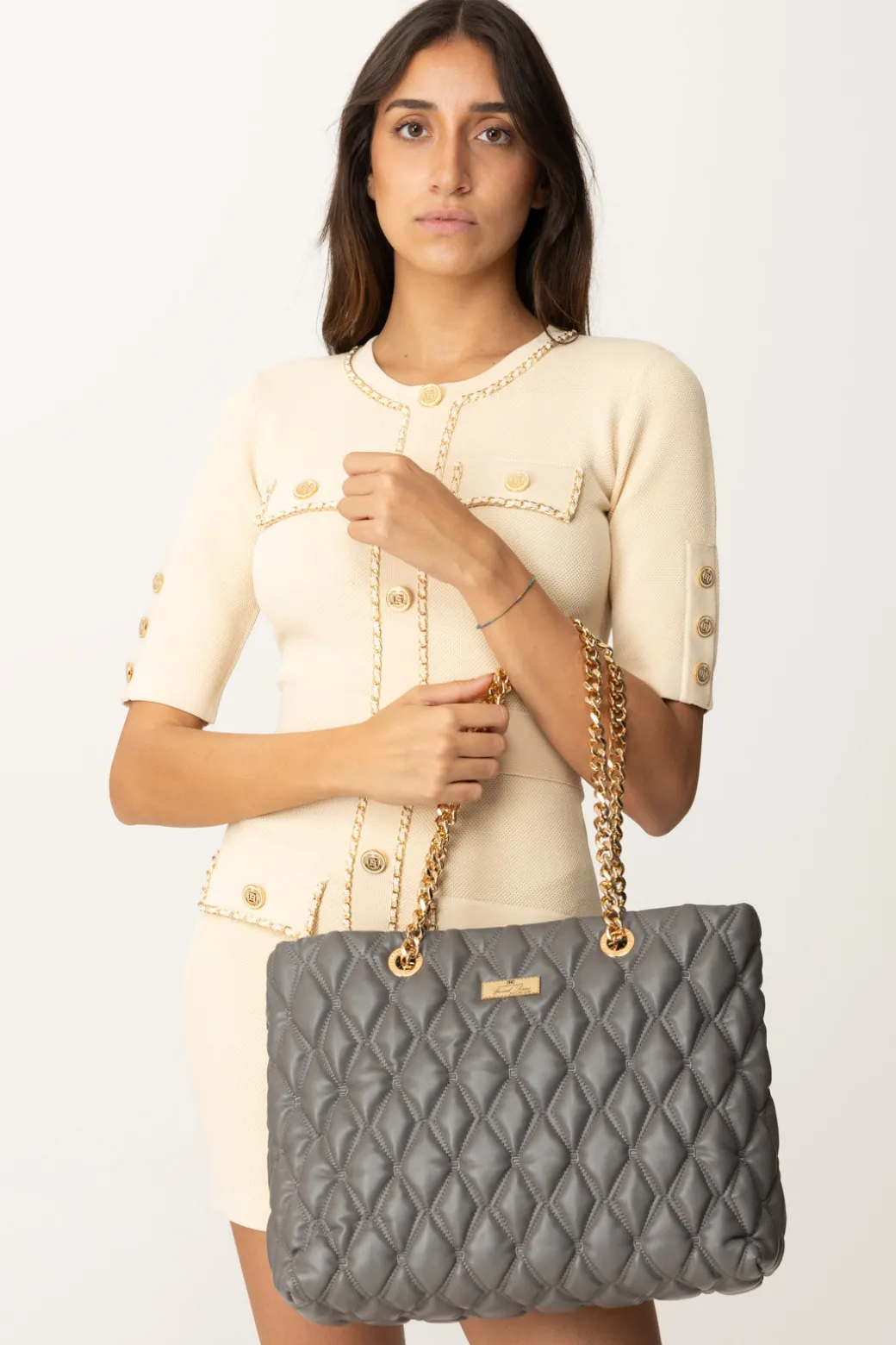 Donna Elisabetta Franchi Shopper In Tessuto Embossed con Manici In Catena