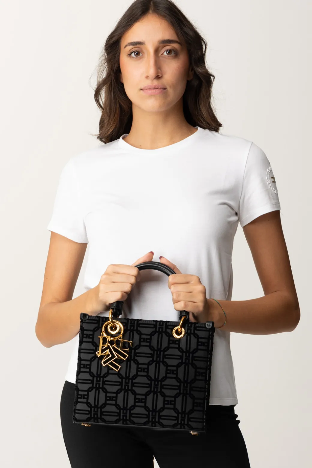 Donna Elisabetta Franchi Shopper Mini In Tessuto Flock con Charms