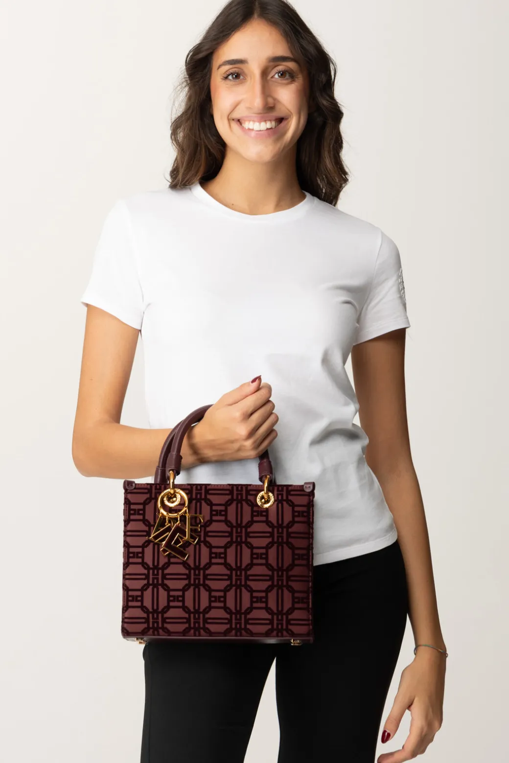 Donna Elisabetta Franchi Shopper Mini In Tessuto Flock con Charms