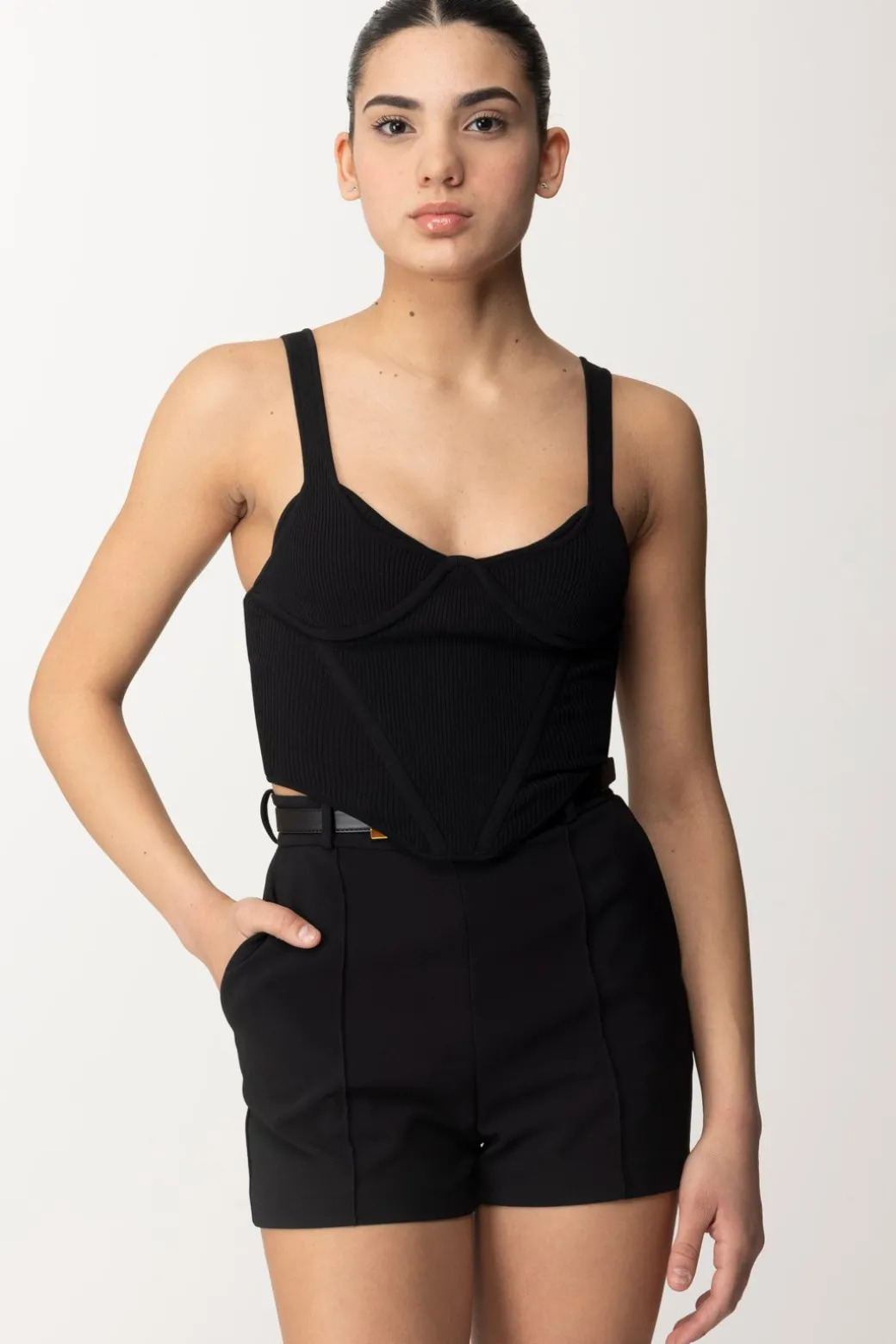 Donna Elisabetta Franchi Top a Costine con Coppe e Stecche