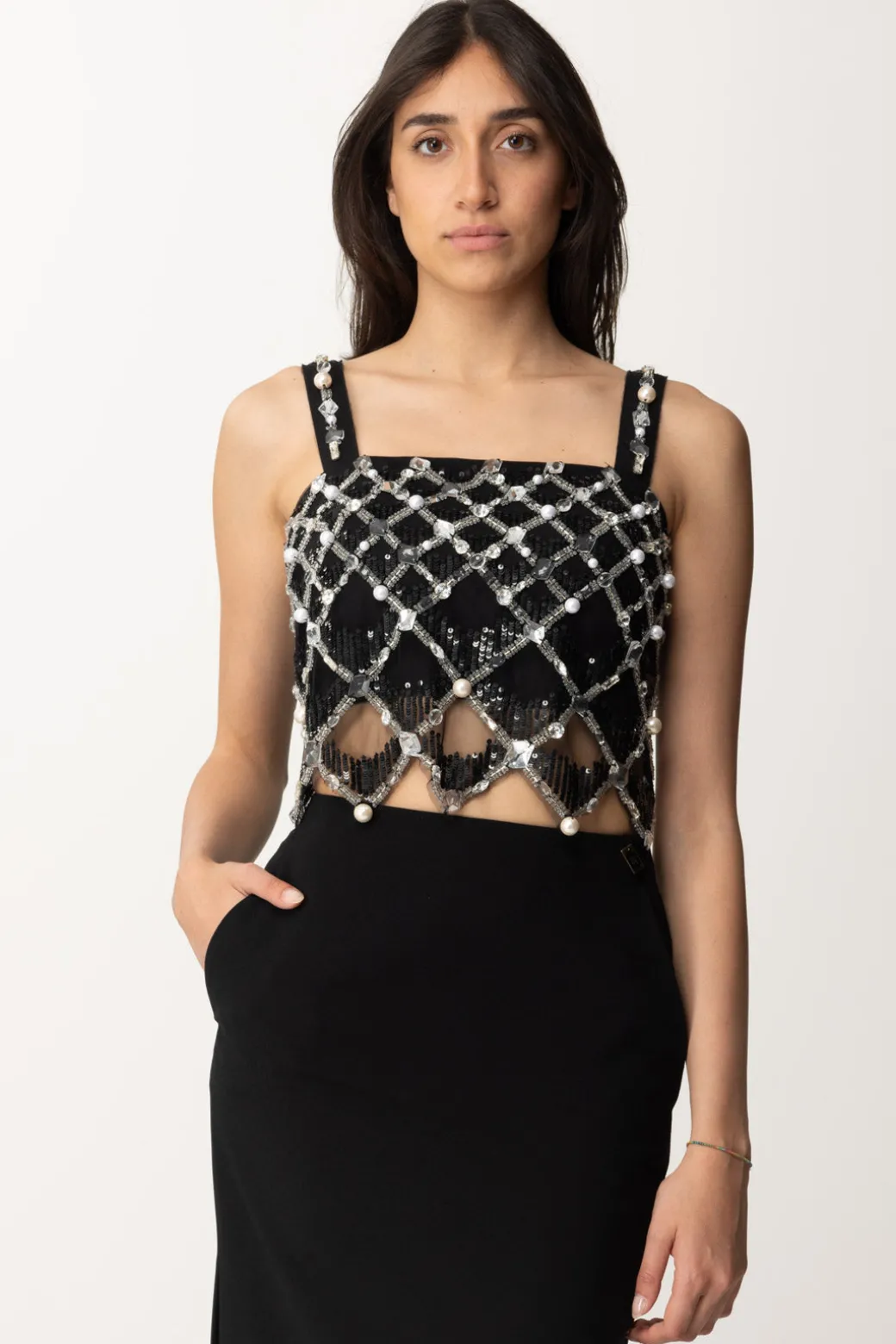 Donna Elisabetta Franchi Top Corto con Ricamo Geometrico