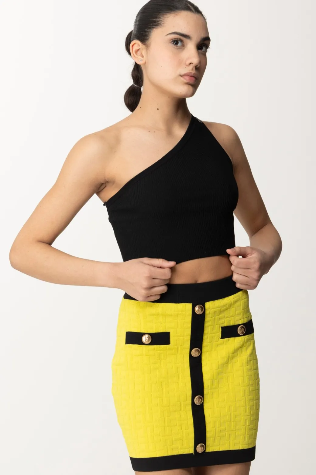 Donna Elisabetta Franchi Top Crop Asimmetrico a Costine