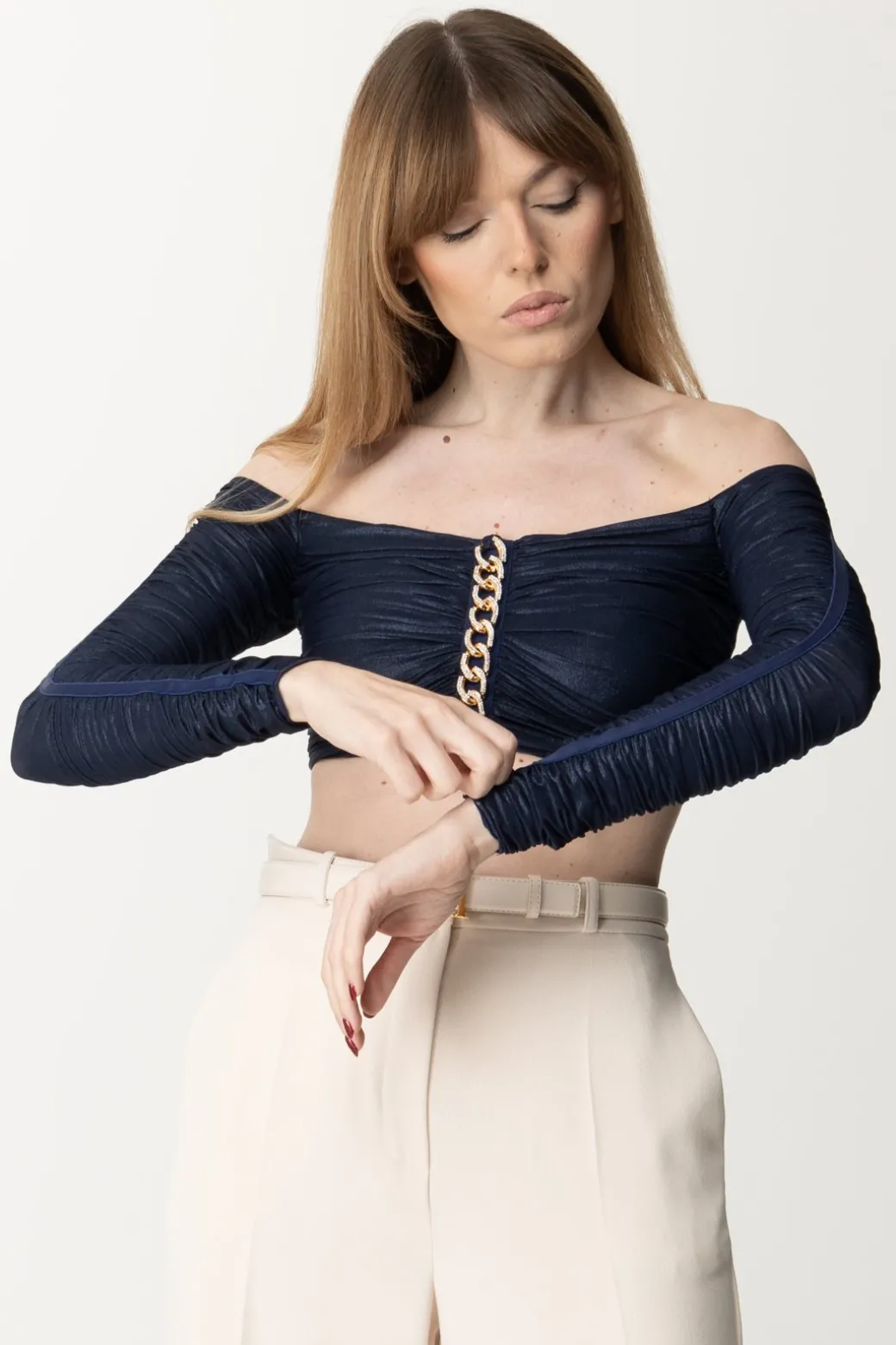 Donna Elisabetta Franchi Top Crop In Jersey Laminato con Catena