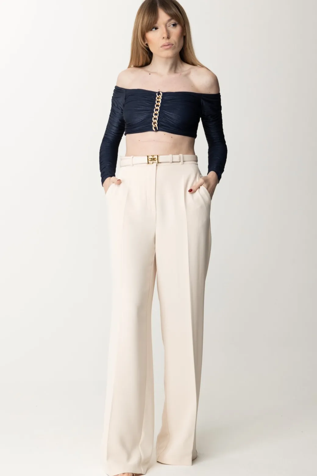 Donna Elisabetta Franchi Top Crop In Jersey Laminato con Catena