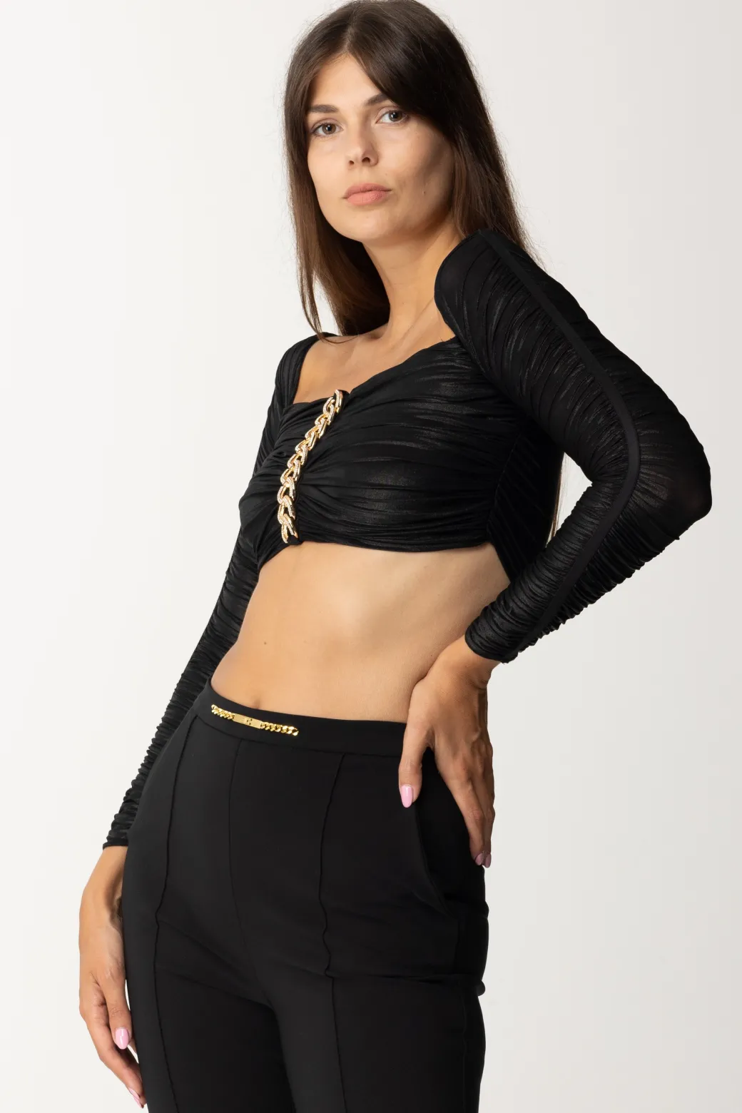 Donna Elisabetta Franchi Top Crop In Jersey Laminato con Catena
