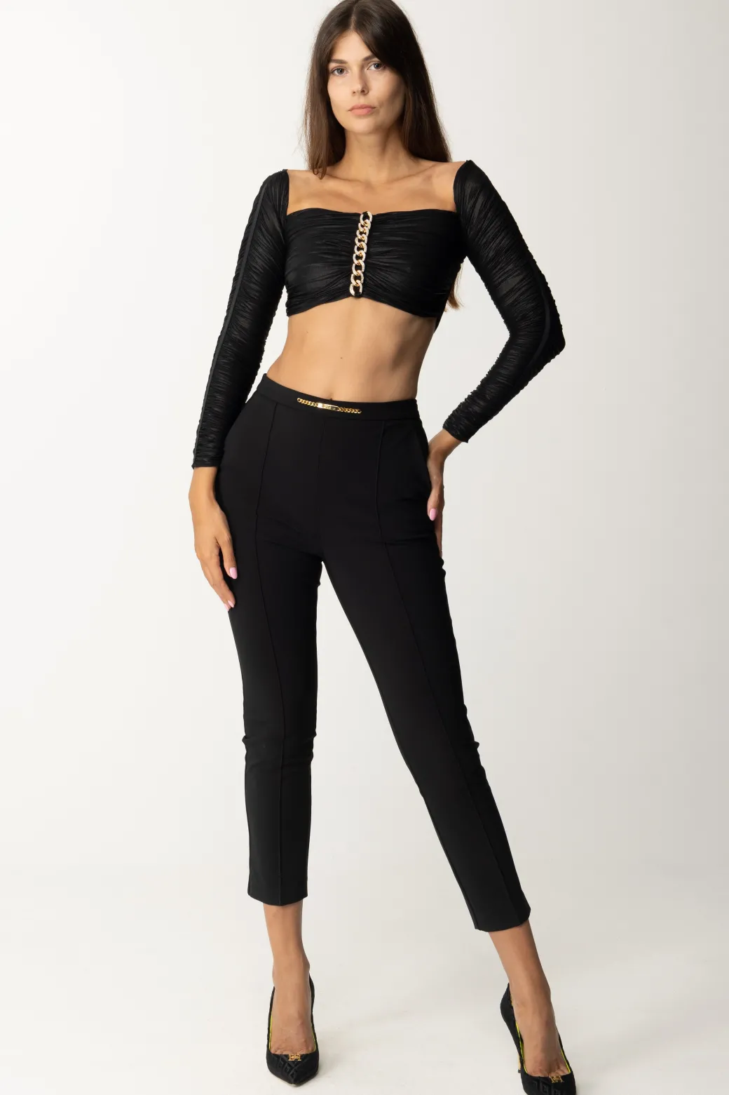 Donna Elisabetta Franchi Top Crop In Jersey Laminato con Catena