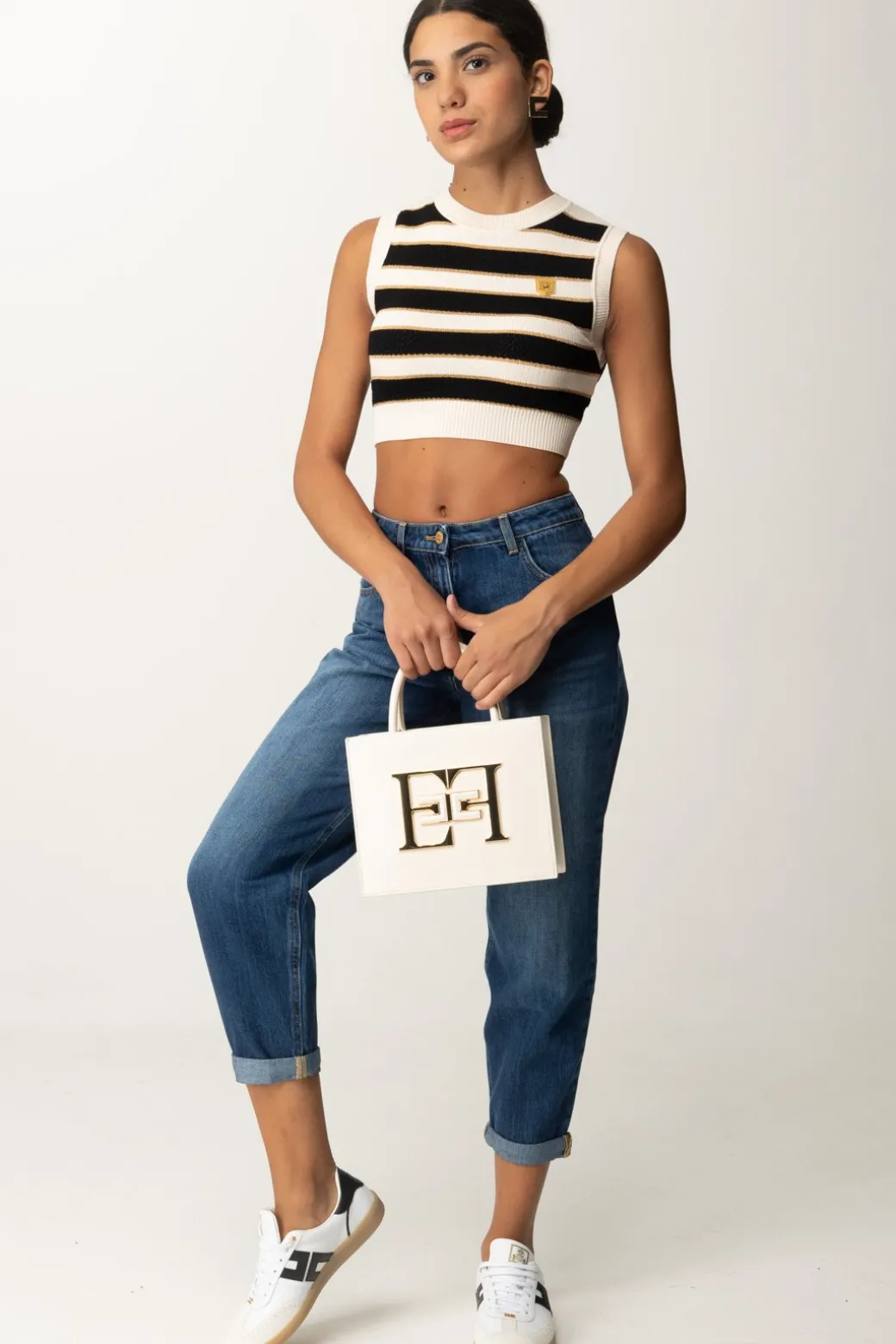 Donna Elisabetta Franchi Top Crop In Maglia a Righe