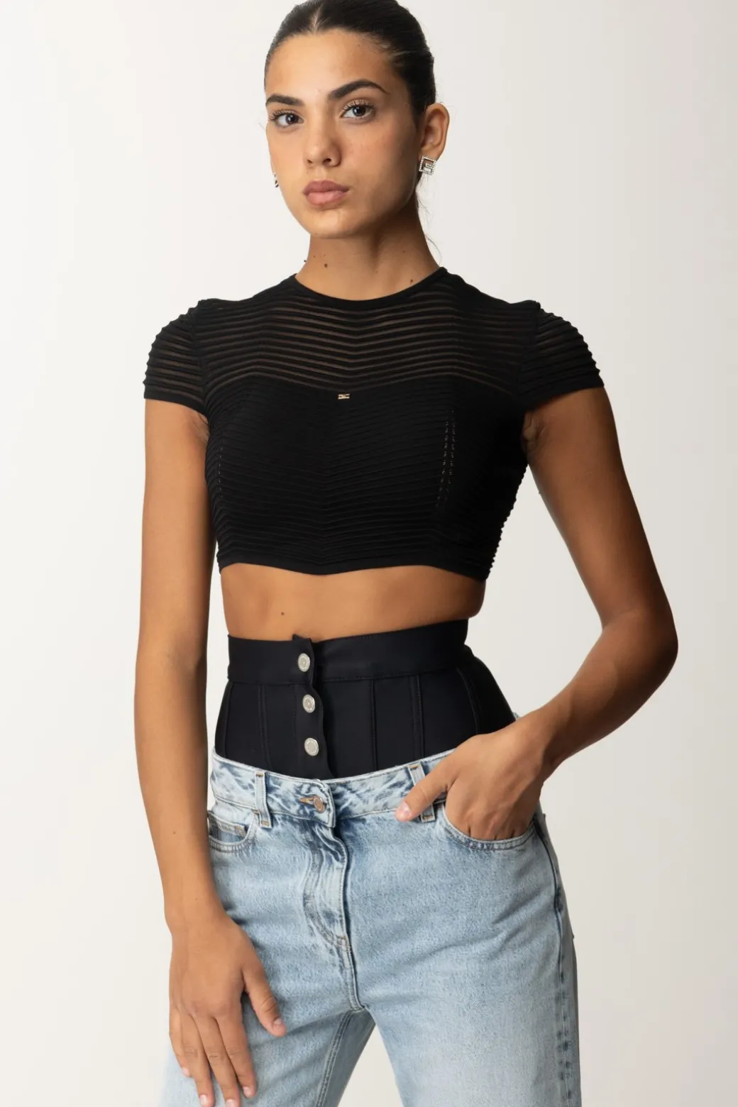 Donna Elisabetta Franchi Top Crop In Maglia con Motivo Chevron