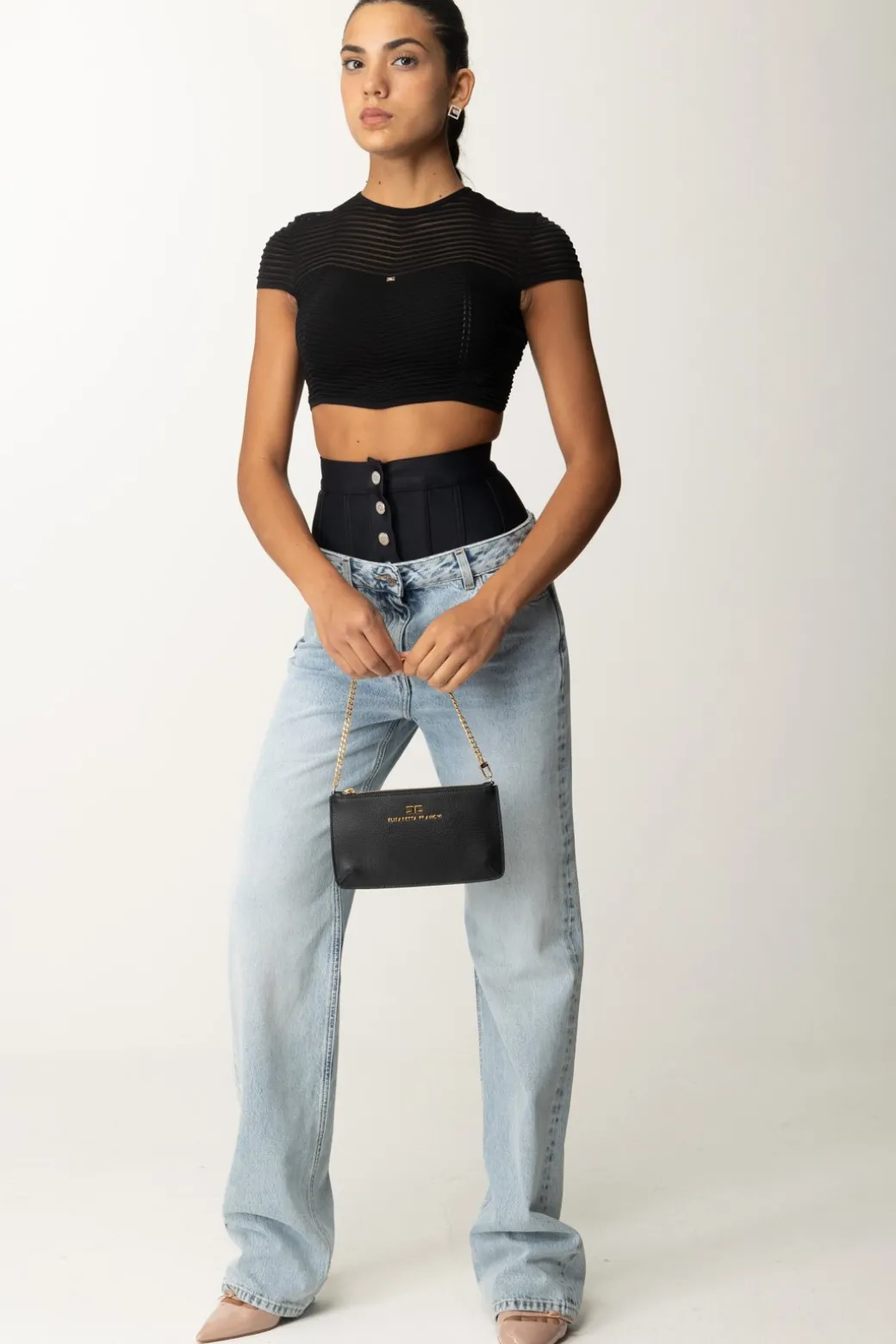 Donna Elisabetta Franchi Top Crop In Maglia con Motivo Chevron